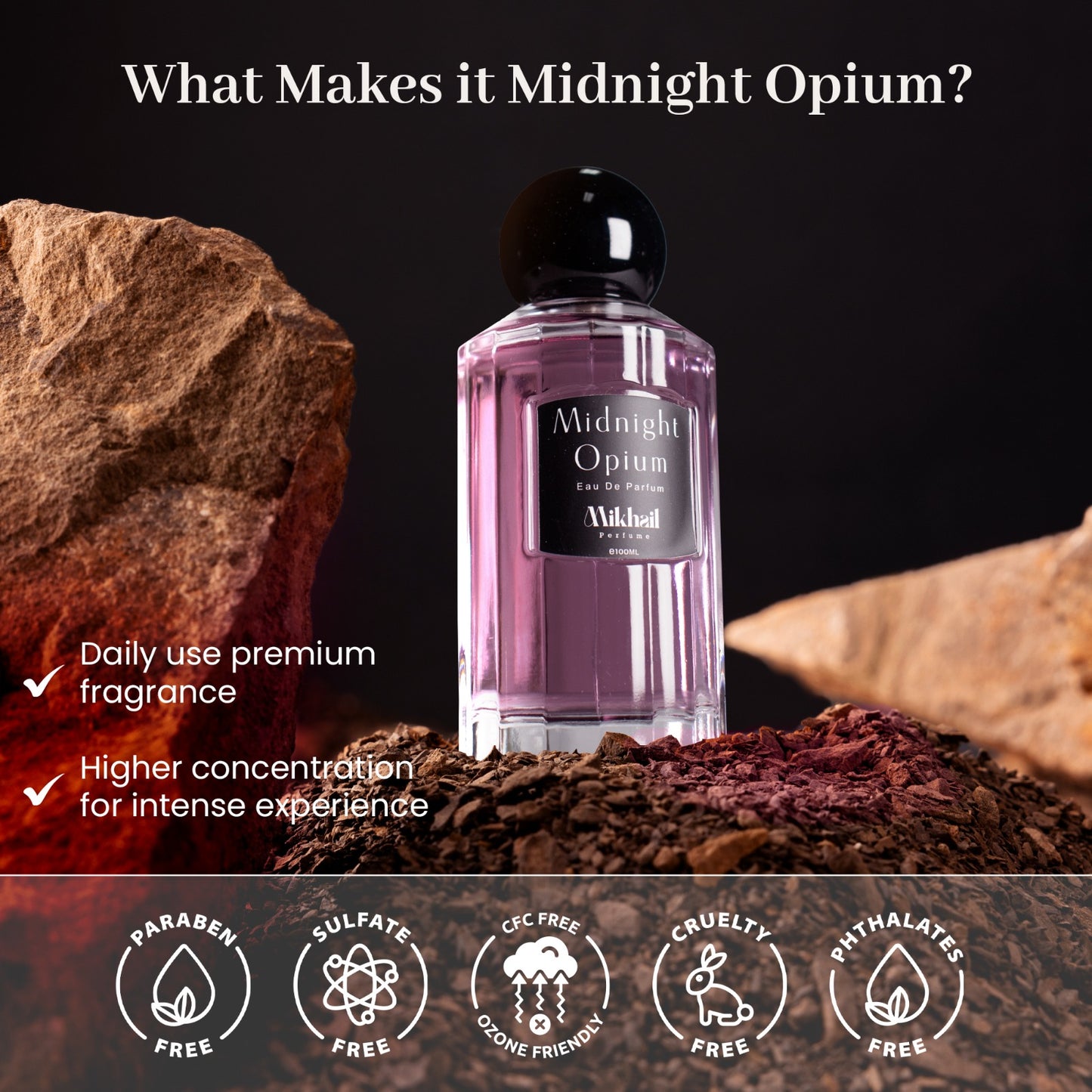 Midnight Opium by Mikhail | Luxurious Cedarwood Vanilla Perfume for Women | Long-Lasting Eau de Parfum | Sweet & Spicy Fragrance with Pear, Pink Pepper, Orange Blossom, Coffee, Jasmine & Vanilla