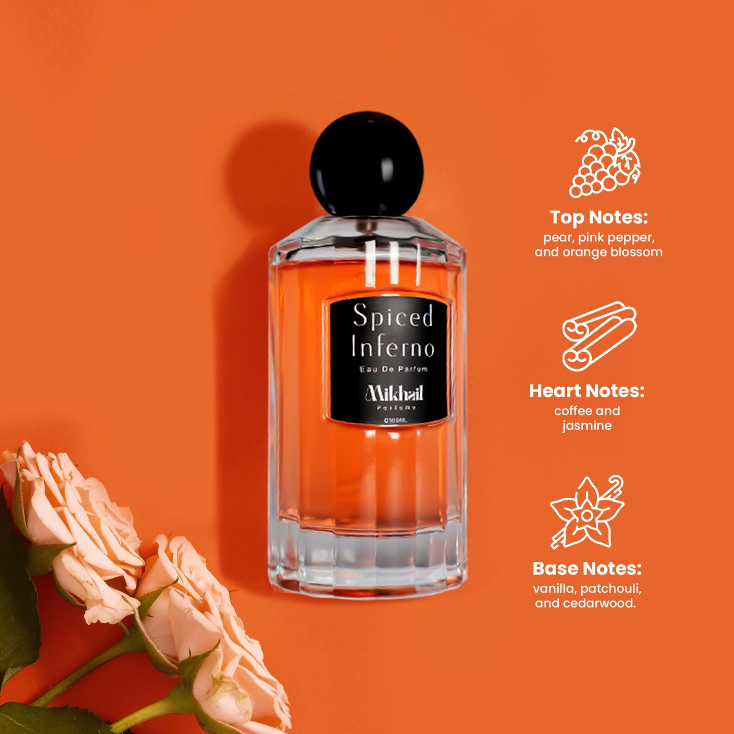 Spiced Inferno by Mikhail | Bold & Sophisticated Woody Spicy Fragrance for Men | Long-Lasting Eau de Parfum with Fiery Spices & Rich Earthy Notes | Perfect for Confident & Charismatic Men