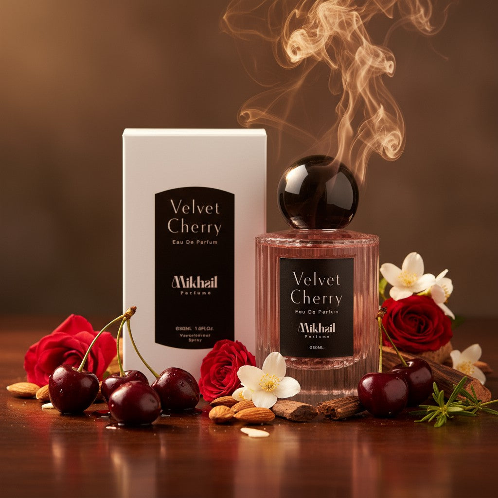 Velvet Cherry by Mikhail women’s perfume, elegant luxury bottle with rich cherry, Turkish rose, jasmine and warm notes, long-lasting Eau de Parfum. Manufactured in UAE.