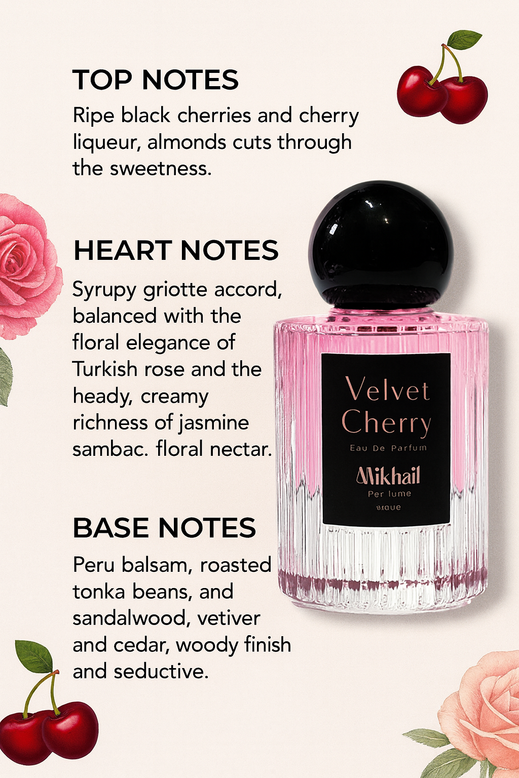 Velvet Cherry By Mikhail | 50 ML| Eau de Parfum for Women – Long-Lasting Niche Perfume with Black Cherry, Almond, Rose & Tonka Bean – Fruity Floral Warm Fragrance – Luxury Scent