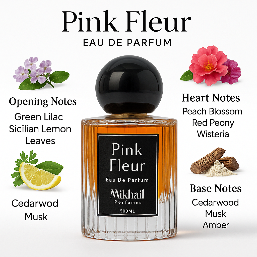 Pink Fleur by Mikhail EDP, Long Lasting, for women, elegant perfume bottle featuring green lilac, Sicilian lemon, peach blossom, red peony, and amber musk. Manufactured in UAE