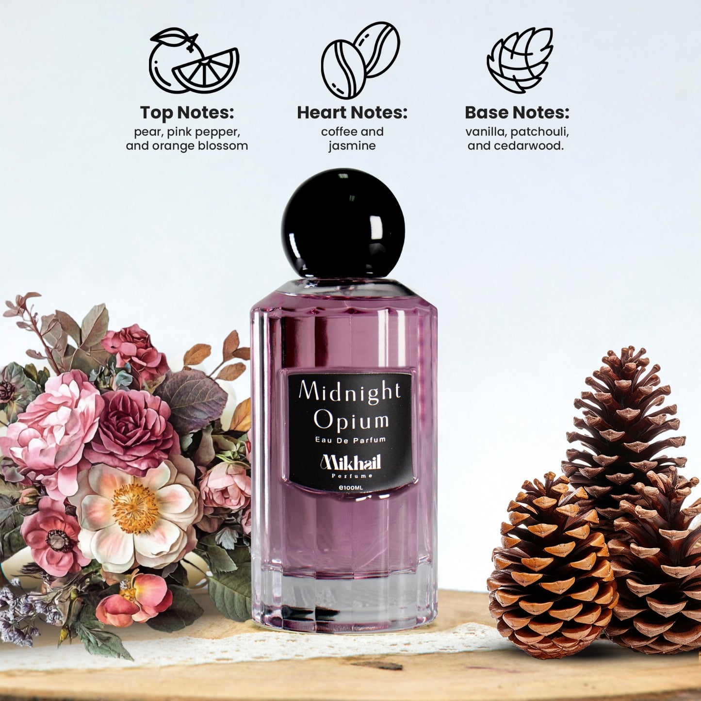 Midnight Opium by Mikhail | Luxurious Cedarwood Vanilla Perfume for Women | Long-Lasting Eau de Parfum | Sweet & Spicy Fragrance with Pear, Pink Pepper, Orange Blossom, Coffee, Jasmine & Vanilla
