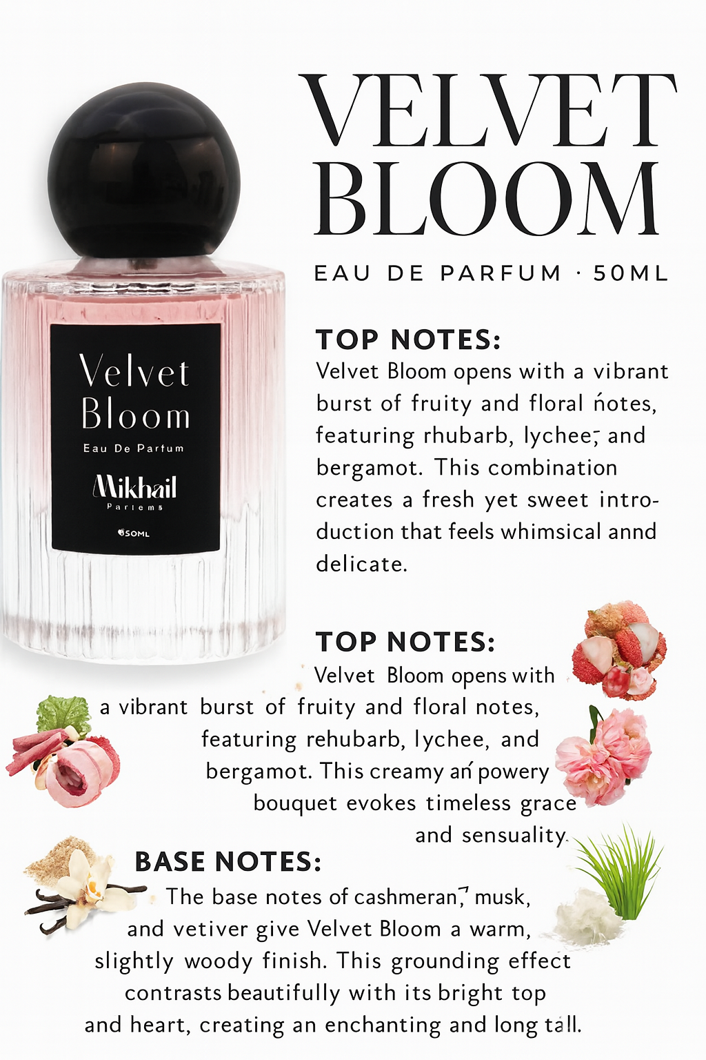 Velvet Bloom by Mikhail 50ml – Sophisticated Floral Perfume for Women – Long-Lasting Eau De Parfum with Litchi, Rhubarb, Turkish Rose & Vanilla – Elegant, Romantic & Luxurious Scent for Day & Evening
